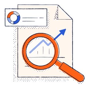 Magnifying glass over a line chart trending upwards and pie chart in the top left corner overlaying a piece of paper