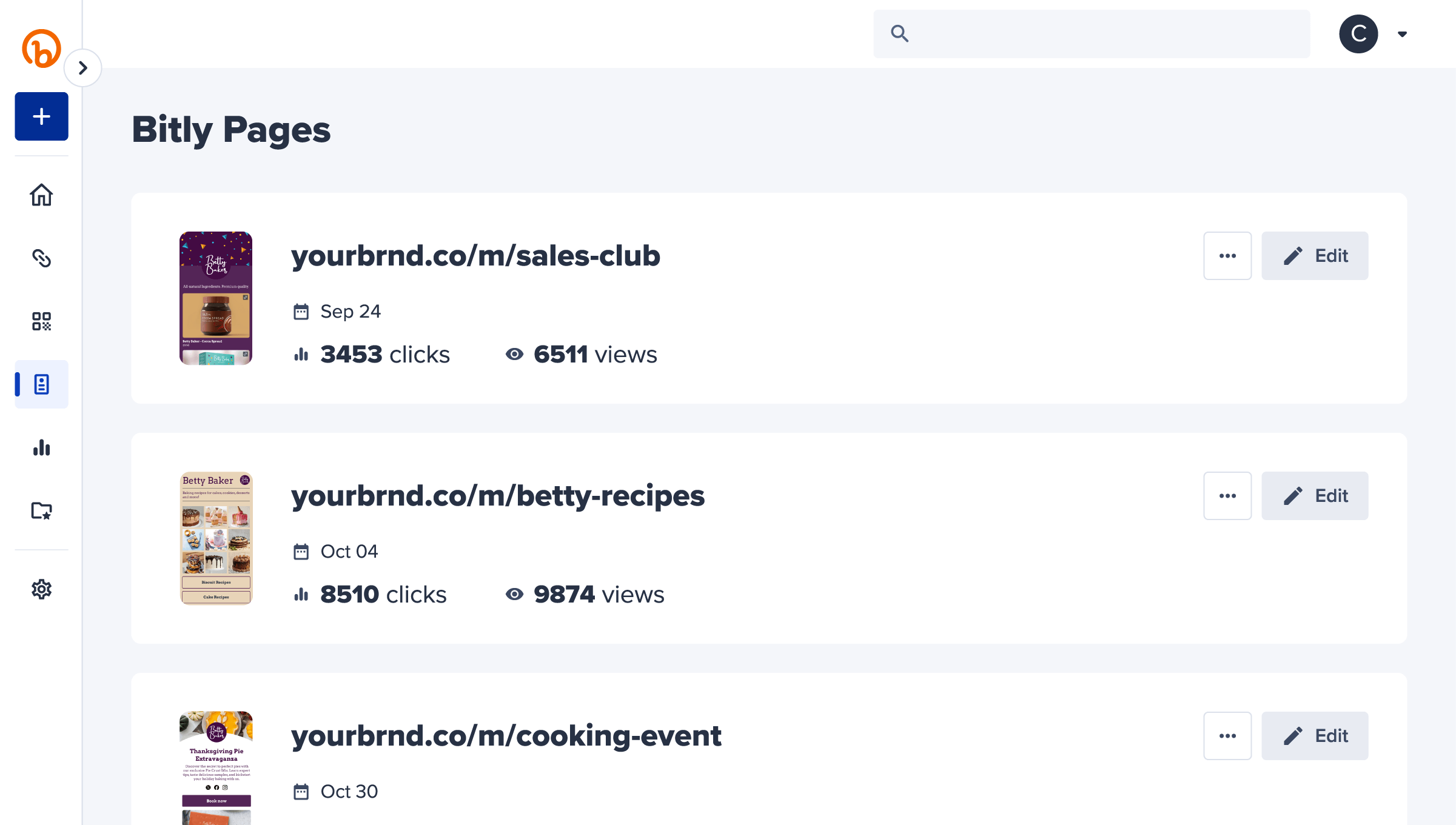 Pannello di controllo dell’amministratore di Bitly Pages